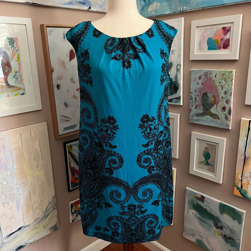 Y2K Studio London Times Blue Paisley Sheath Dress‎ Classic Minimalist Size 12